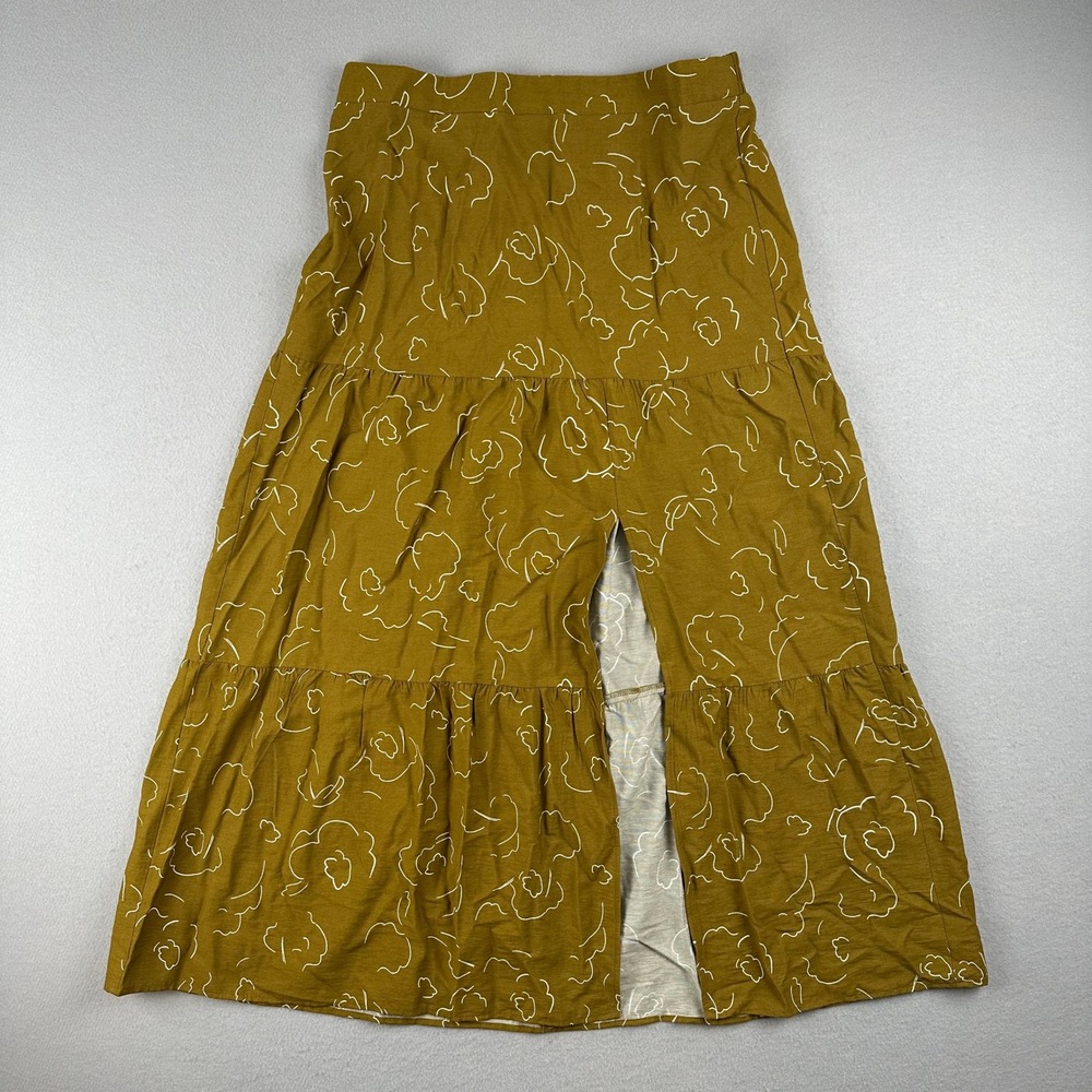 Nine West Wide Leg Pants Womens M Mustard Yellow Floral Tiered Ruffle Palazzo